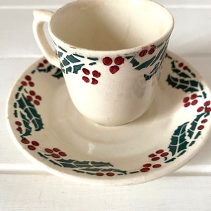Antique Demitasse Small Cup and Saucer in the Christmas Holly or HOUX French Pattern, Beautiful Christmas Ironstone Coffee Cup, French Noel