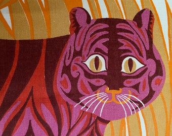 Vintage Belinda Lyon Pink Tiger Linen Tea Towel: 1970s Oxfam Wall Art