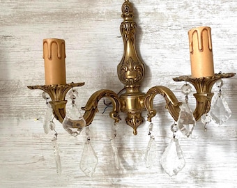 Appliques murales vintage en laiton et cristal, France - Appliques murales Mid-Century, 1950s