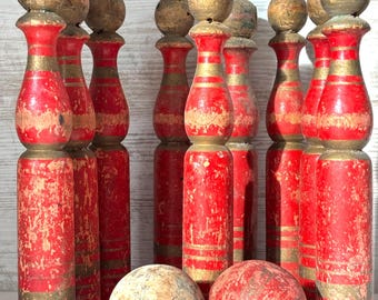 Vintage French Wooden Skittle Set: Red & Gold Time Worn Decor