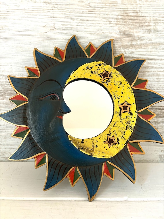 1990年代の太陽と月の鏡：彫刻が施された木製の天体装飾 - Etsy 日本