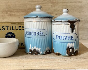 Antique French Enamel Canisters: Chicory & Poivre, BB Freres