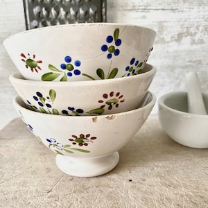 Antique French Cafe au Lait Bowls, three pretty Digoin Sarreguemines bowls, Shabby but pretty small bowls with painted flowers.