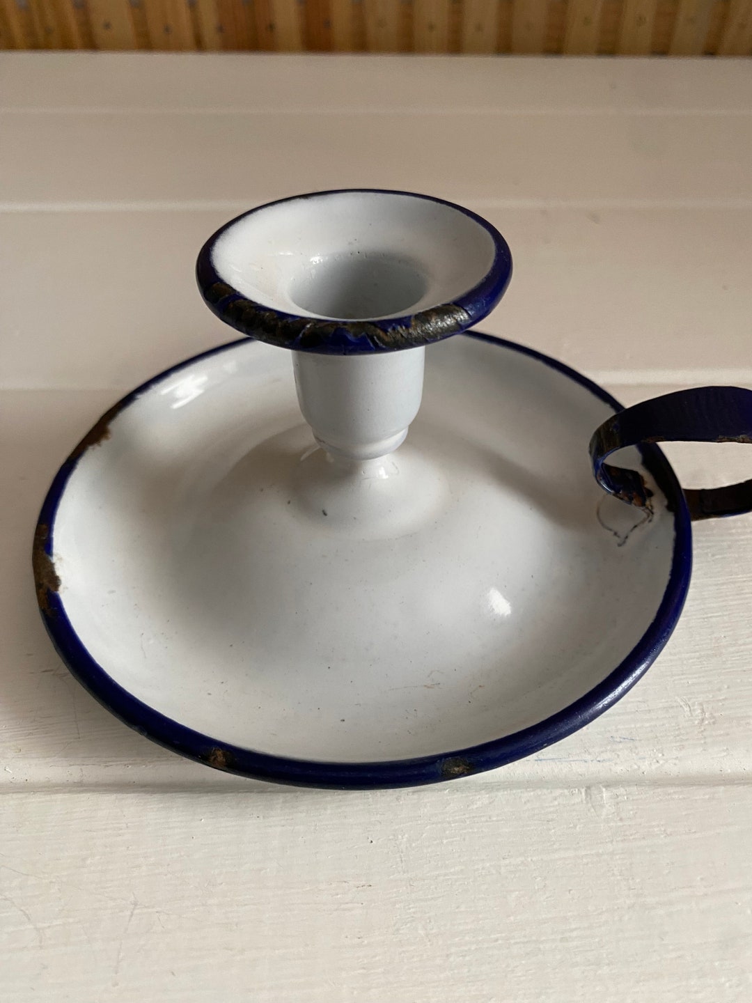Vintage Enamel Candle Holder Blue and White Enamel Candle Etsy