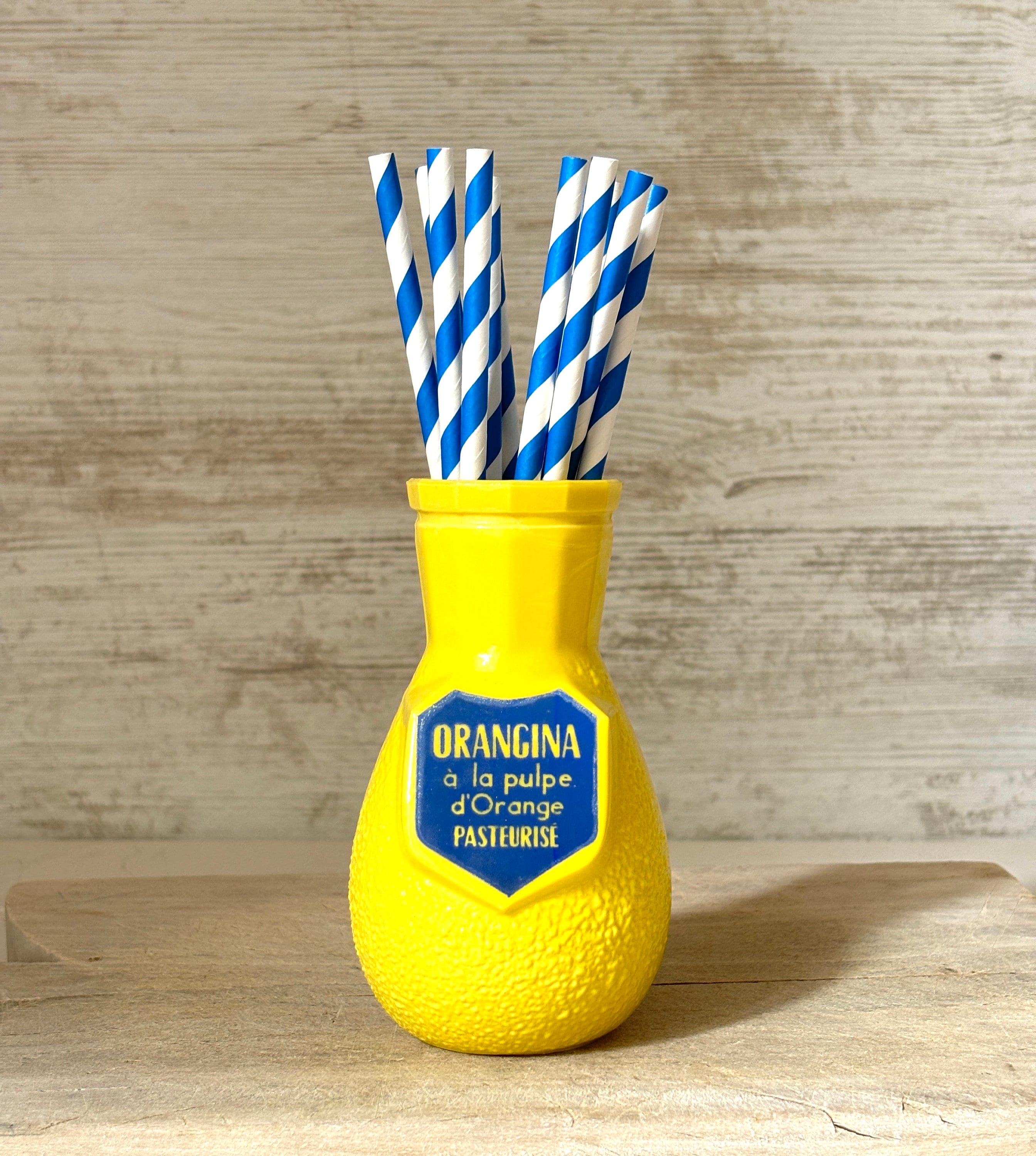 Vintage Orangina  Soda  Strawholder, 60s Advertising ,Opaline Glass with Orange texture in the shape of the soda bottle