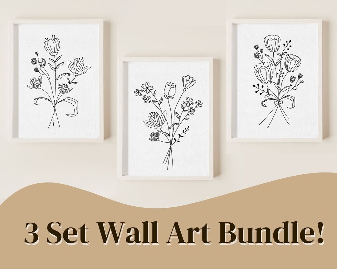Floral Line Art Digital Prints, Set of 3 Floral Poster, Flower Wall Art ...