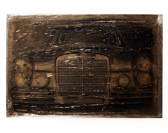 Foto sobre óxido, benz coche vintage, foto sobre metal, imagen sobre metal, arte fotográfico, trabajo fotográfico, transformación de fotos, mi imagen como arte, fotografía