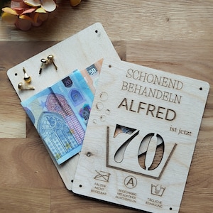 Carte cadeau en bois, anniversaire rond, carte en bois 60, carte d'anniversaire amusante, 30, 40, 50, 70, cadeau en argent personnalisé avec nom image 3