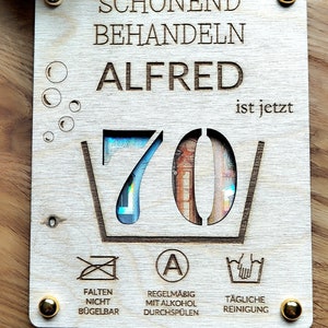 Carte cadeau en bois, anniversaire rond, carte en bois 60, carte d'anniversaire amusante, 30, 40, 50, 70, cadeau en argent personnalisé avec nom nein