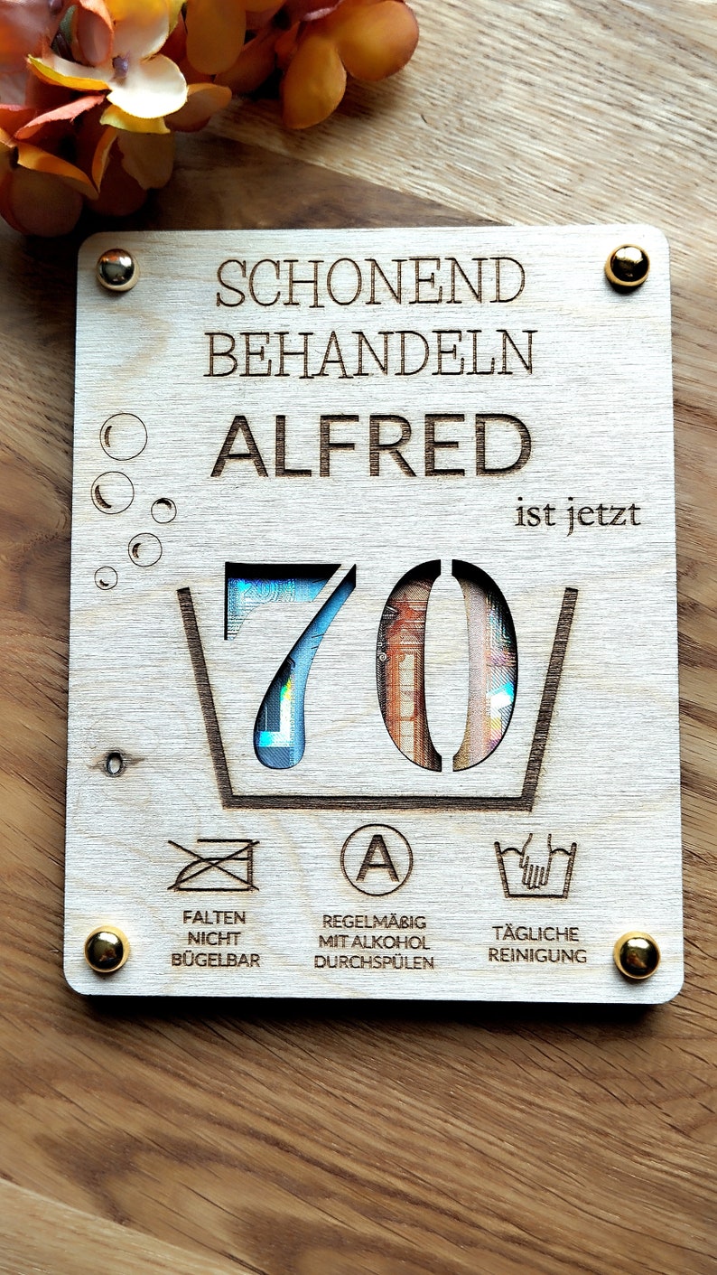 Carte cadeau en bois, anniversaire rond, carte en bois 60, carte d'anniversaire amusante, 30, 40, 50, 70, cadeau en argent personnalisé avec nom nein