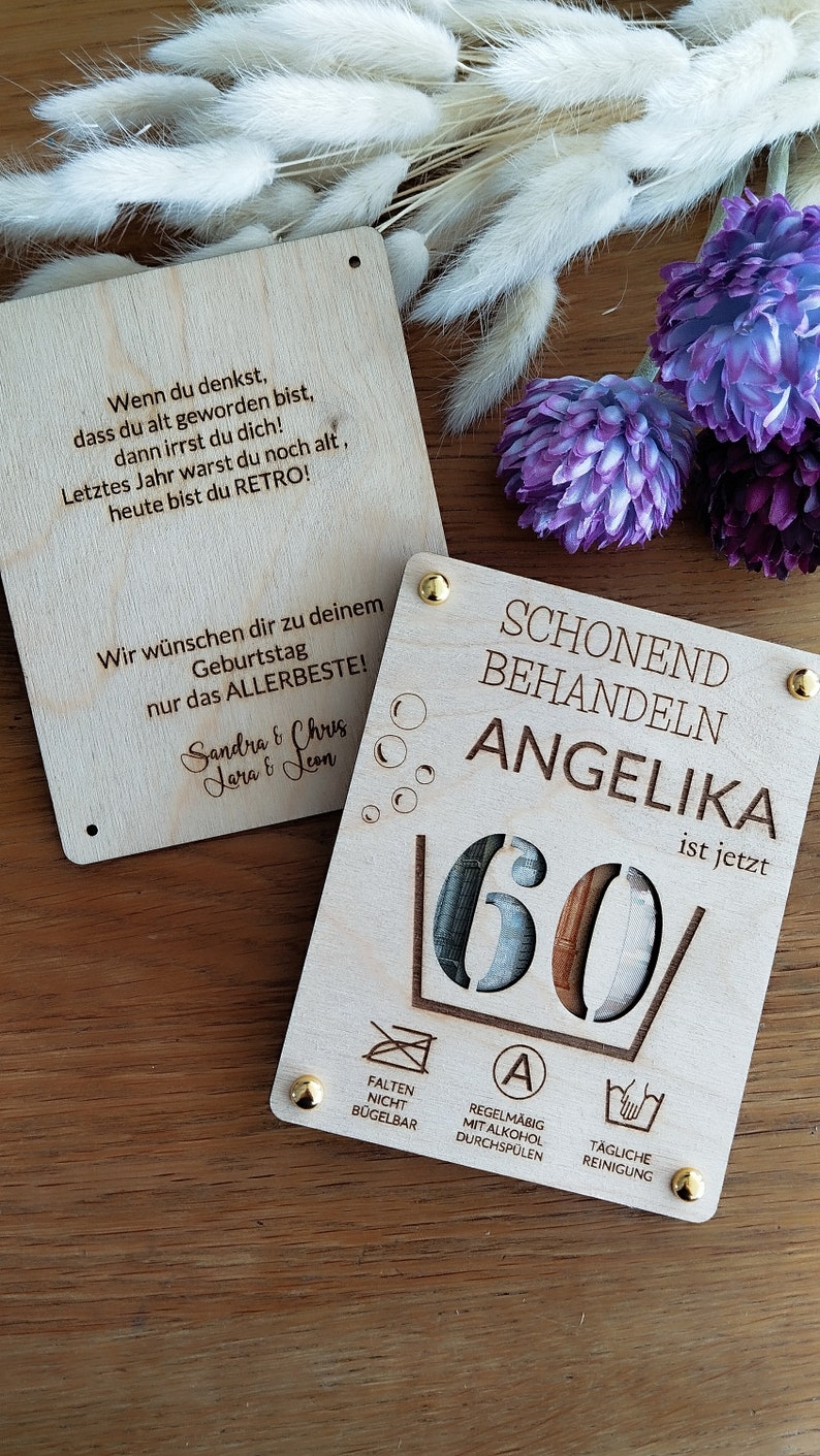 Carte cadeau en bois, anniversaire rond, carte en bois 60, carte d'anniversaire amusante, 30, 40, 50, 70, cadeau en argent personnalisé avec nom image 2