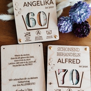 Holz Geldgeschenkekarte, Runder Geburtstag, Holzkarte 60, lustige Geburtstagskarte , 30, 40, 50, 70, mit Namen personalisiertes Geldgeschenk