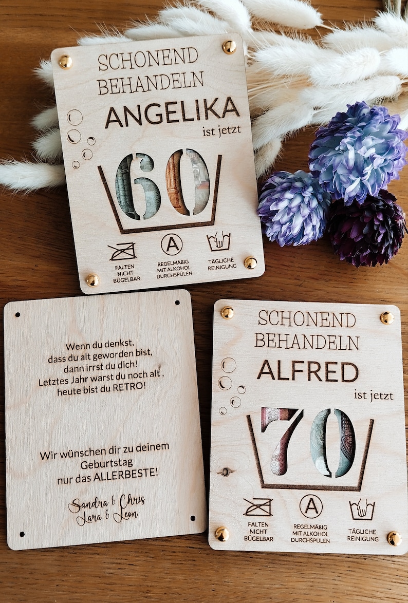 Carte cadeau en bois, anniversaire rond, carte en bois 60, carte d'anniversaire amusante, 30, 40, 50, 70, cadeau en argent personnalisé avec nom image 1