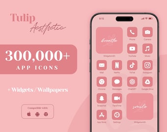May include: A pink and white phone screen displaying a grid of app icons. The icons represent apps such as Phone, Camera, YouTube, Music, Mail, Netflix, TikTok, Instagram, Chrome, Messages, ChatGPT, Google Drive, Snapchat, FaceTime, App Store, Settings, and Widgetsmith. The phone screen has a pink background with the text "Tulip Aesthetic" and "300,000+ APP ICONS" in white. The text "Widgets/Wallpapers" is also in white. The phone screen is compatible with Apple and Android devices.