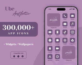 May include: A purple and white phone screen displaying a collection of app icons. The icons are arranged in a grid pattern and include apps such as Phone, Camera, YouTube, Music, Mail, Netflix, TikTok, Instagram, Chrome, Messages, ChatGPT, Google Drive, Snapchat, FaceTime, App Store, Settings, and Widgetsmith. The phone screen also includes the text "breathe" and "smile".