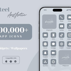 iOS 18 アプリアイコンパック、ライトグレーのアプリアイコン、淡いグレーの iPhone 美学、iPhone ウィジェットの壁紙、クールなブルーグレーのホーム画面、ニュートラルテーマ