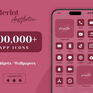 iOS 18 App Icon Pack, App Icons Burgundy Red iPhone Aesthetic, iPhone Widgets Wallpapers, Purple Red Rose Home Screen, Dark Red Wine Theme