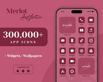 Op de afbeelding: Een screenshot van een smartphone waarop een roze en wit app-icoonontwerpthema wordt weergegeven. De pictogrammen zijn gerangschikt in een rasterpatroon en omvatten populaire apps zoals Instagram, YouTube en Netflix. Het telefoonscherm toont ook de tekst "breathe" en "smile" in een cursief lettertype. De tekst "300.000+ APP-ICONS" wordt aan de linkerkant van de afbeelding weergegeven.