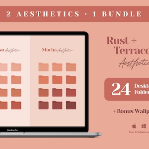 Icone del desktop, icone delle cartelle Mac, organizzatore dello sfondo del desktop, estetica marrone, tono terra rossa, colore ruggine terracotta, icone delle cartelle bordeaux