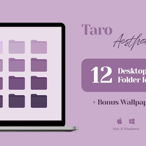 May include: A laptop screen displaying 12 purple folder icons in a grid pattern. The text "Taro Aesthetic 12 Desktop Folder Icons + Bonus Wallpapers Mac & Windows" is displayed on the right side of the image.