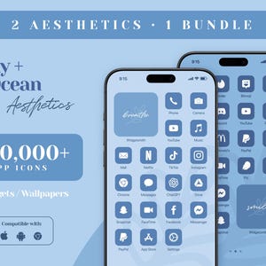 Könnte beinhalten: Zwei Telefonbildschirme, die ein blaues und weißes App-Symbol-Thema mit dem Text "Sky + Ocean Aesthetics" und "600.000+ APP ICONS + Widgets/Wallpapers" anzeigen. Die Bildschirme zeigen eine Vielzahl von App-Symbolen, darunter Social Media, Kommunikation und Produktivitäts-Apps.