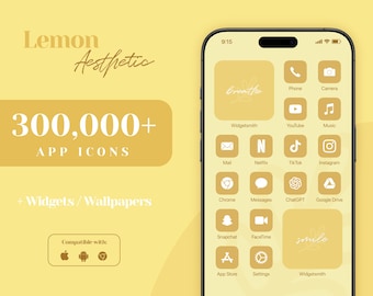 May include: A yellow and white phone screen mockup with a yellow background. The screen displays a grid of app icons with a lemon aesthetic. The icons are for apps like Phone, Camera, YouTube, Music, Mail, Netflix, TikTok, Instagram, Chrome, Messages, ChatGPT, Google Drive, Snapchat, FaceTime, App Store, Settings, and Widgetsmith. The text "Lemon Aesthetic" and "300,000+ APP ICONS" is displayed on the left side of the image. The text "+Widgets/Wallpapers" is displayed below the text "APP ICONS". The text "Compatible with" is displayed below the text "+Widgets/Wallpapers". The text "Widgetsmith" is displayed on the screen of the phone mockup. The text "breathe" and "smile" are displayed on the screen of the phone mockup. The text "9:15" is displayed in the top right corner of the phone mockup.