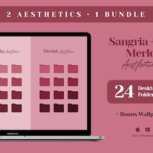 Icone del desktop, icone delle cartelle Mac, organizzatore del desktop con sfondo bordeaux, estetica rosso ciliegia, rosa antico polvere oro rosa scuro, cartella del vino rosso scuro