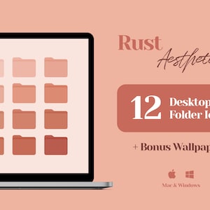 Icone del desktop, icone delle cartelle Mac, organizzatore dello sfondo del desktop, estetica marrone, tono terra rossa, colore ruggine terracotta, icone delle cartelle bordeaux