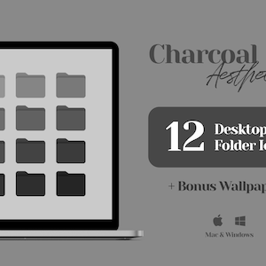 Icone del desktop, icone delle cartelle Mac, organizzatore del desktop con sfondo grigio chiaro, estetica pastello, grigio scuro, bianco e nero, cartelle monocromatiche