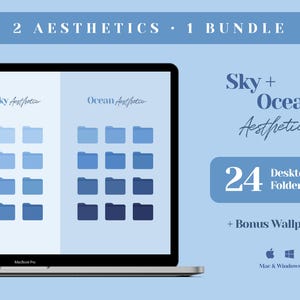 Może przedstawiać: Ekran laptopa wyświetla produkt cyfrowy o niebieskiej estetyce. Ekran pokazuje ikony folderów w odcieniach niebieskiego, z etykietami "Sky Aesthetics" i "Ocean Aesthetics". Produkt zawiera 24 ikony folderów i tapety.