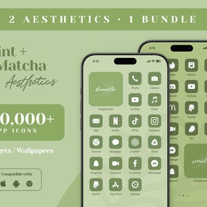 May include: Two phone screens displaying a collection of 600,000+ app icons in a mint and matcha green color scheme. The text "Mint + Matcha Aesthetics" is displayed on the left side of the image. The text "600,000+ APP ICONS" is displayed below the text "Mint + Matcha Aesthetics". The text "+Widgets/Wallpapers" is displayed below the text "600,000+ APP ICONS". The text "Compatible with" is displayed below the text "+Widgets/Wallpapers". The icons on the phone screens are arranged in a grid pattern. The icons are all in a light green color with white outlines. The icons include apps such as Phone, Camera, YouTube, Music, Mail, Netflix, TikTok, Instagram, Chrome, Messages, ChatGPT, Drive, Snapchat, FaceTime, Facebook, Messenger, PayPal, App Store, and Settings.