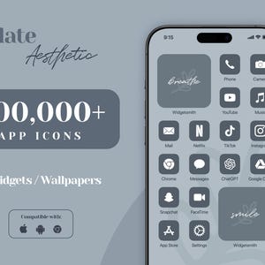 iOS 18 アプリアイコンパック、ライトグレーのアプリアイコン、淡いグレーの iPhone 美学、iPhone ウィジェットの壁紙、クールなブルーグレーのホーム画面、ニュートラルテーマ