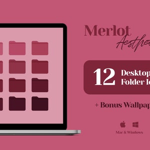 Icone del desktop, icone delle cartelle Mac, organizzatore del desktop con sfondo bordeaux, estetica rosso ciliegia, rosa antico polvere oro rosa scuro, cartella del vino rosso scuro