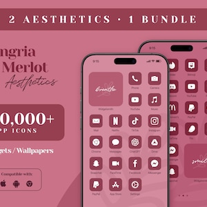 Könnte beinhalten: Zwei Telefonbildschirme, die eine Sammlung von über 600.000 App-Symbolen, Widgets und Hintergrundbildern in einem Sangria- und Merlot-Ästhetik zeigen. Die Symbole sind in einem Raster auf einem rosa Hintergrund angeordnet. Der Text "2 AESTHETICS 1 BUNDLE" befindet sich oben im Bild.