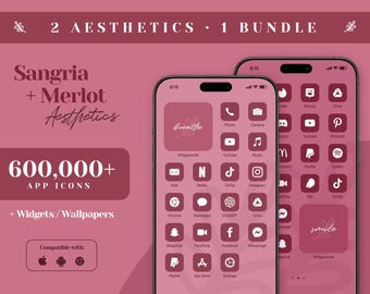 Op de afbeelding: Twee telefoonschermen die een verzameling van meer dan 600.000 app-pictogrammen, widgets en achtergronden in een sangria- en merlot-esthetiek tonen. De pictogrammen zijn gerangschikt in een raster op een roze achtergrond. De tekst "2 AESTHETICS 1 BUNDLE" staat bovenaan de afbeelding.