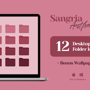 Icone del desktop, icone delle cartelle Mac, organizzatore del desktop con sfondo bordeaux, estetica rosso ciliegia, rosa antico polvere oro rosa scuro, cartella del vino rosso scuro