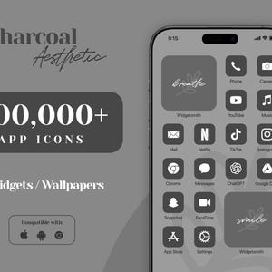 May include: A screenshot of a smartphone displaying a charcoal aesthetic app icon pack. The icons are arranged in a grid pattern and feature a minimalist design with white text on a gray background. The icons include popular apps such as Instagram, YouTube, and Netflix. The text "300,000+ APP ICONS" is displayed at the top of the screen.