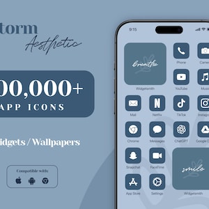 iOS 18 アプリアイコンパック、ネイビーブルーのアプリアイコン、ダークブルーの iPhone 美学、iPhone ウィジェットの壁紙、クールなブルーグレーのホーム画面、ロイヤルブルーのテーマ