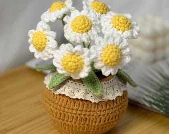 Handmade Crochet Daisy Flower Pot – Mini Potted Plush Bouquet