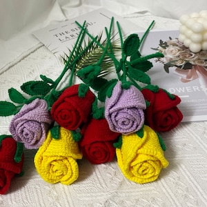 May include: A bouquet of crocheted roses in various colors, including red, yellow, purple, and pink. The roses are arranged in a vase and have green leaves.