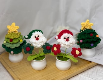 Crochet Christmas Tree Santa Plant Pot, Handmade Xmas Decor