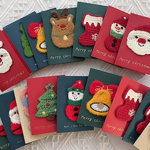 Small Crochet Christmas Card 5 Pcs,Felted Santa Merry Chiristmas Cards,Handmade Knitted Snowman Bell Holiday Greeting Cards, Mixed Pack of 5
