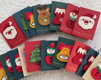 Petites cartes de Noël au crochet, 5 pcs, cartes de Père Noël joyeux Noël en feutrine, cartes de voeux de Noël tricotées main cloche, bonhomme de neige, lot de 5