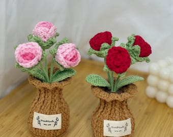 Handmade Crochet Rose Bouquet – Crochet Vase, Bendable Stem Leaves
