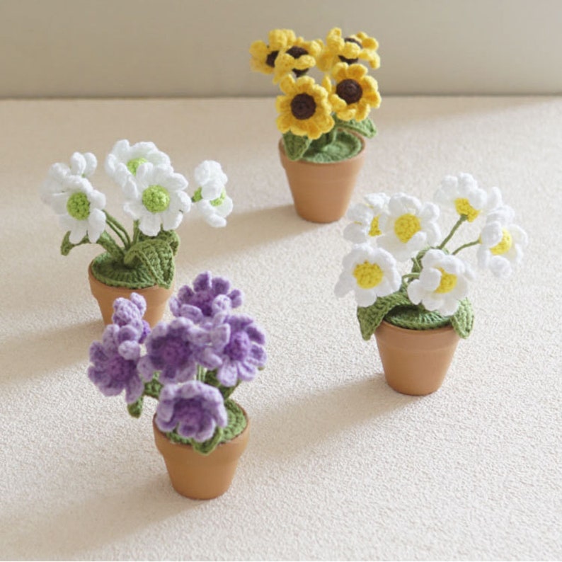 Mini Crochet Daisy Flower Pot Finished Crochet Flowers Pot - Etsy