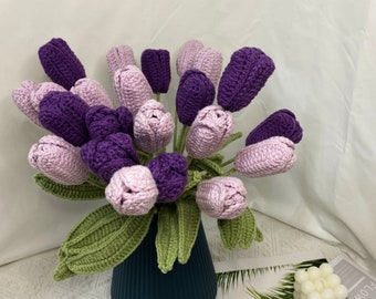 Crochet Tulip, Finished Handmade Knitted Flowers, Valentine's Day Gift, Crochet Bouquet Flower, Mother's Day Gift, Home Decor,Gift For Her