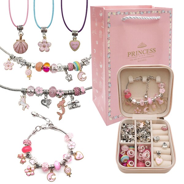 Rosa Thema DIY Armband Kit, handgemachte Kristall Armband-Halsketten-Set, Perlen Schmuck Charm machen Kits für Kinder, Multi Theme Option