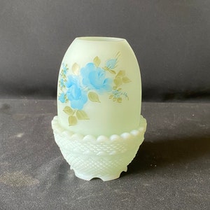 Vintage Fenton Signed Mint Green Fairy Tea Light  With Blue Roses