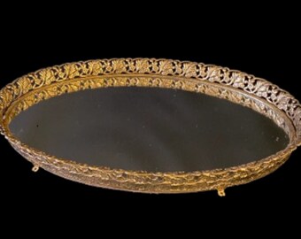 Vintage Hollywood Regency Gold Tone Oval Footed Mirrored Vanity Dresser Tray