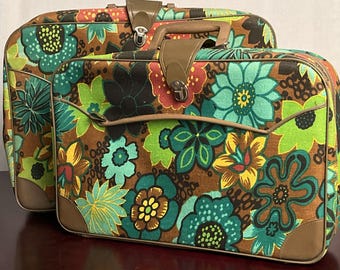Paire de valises à fleurs bantam vintage des années 1960